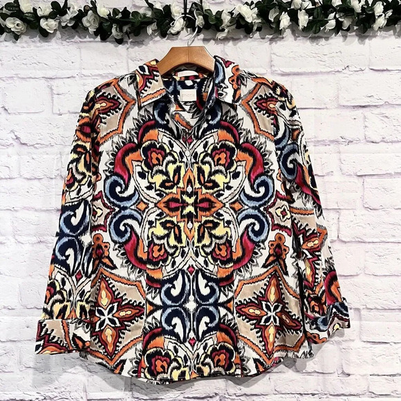 Chicos Non Iron Button Up Long Sleeve Blouse Size 0 Small Cotton Multicolor - Picture 1 of 10